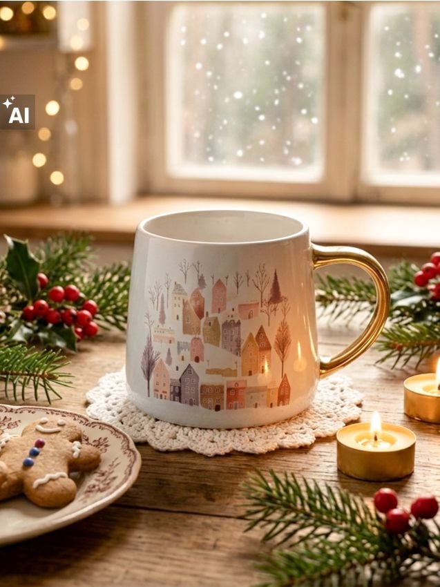 Sinsay - Cană de iarnă din ceramică cu motiv de căsuțe și toartă aurie - alb
