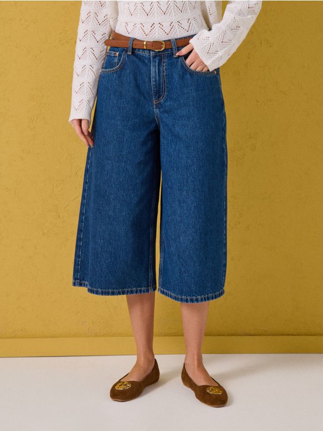 Sinsay - Jeansowe szorty jorts z wysokim stanem i paskiem - granatowy