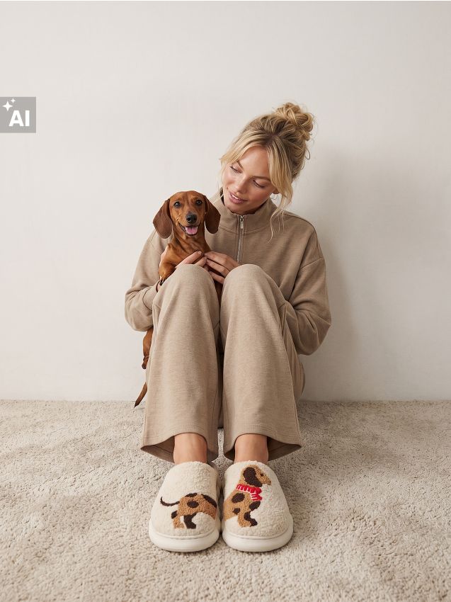 Sinsay - Papuci teddy fără închidere, cu motiv de teckel - crem