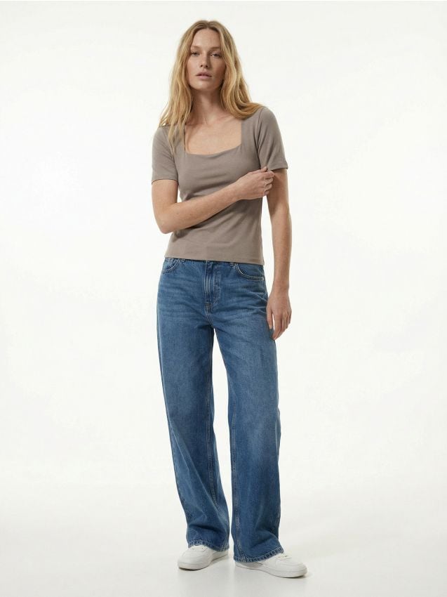 Sinsay - Koszulka z dekoltem karo - beżowy