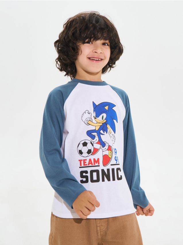 Sinsay - Tricou din bumbac cu mânecă lungă cu imprimeu Sonic the Hedgehog - indigo