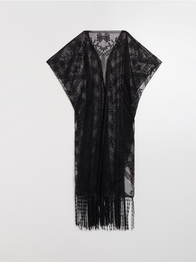 Sinsay - Poncho de plajă din dantelă cu franjuri - negru