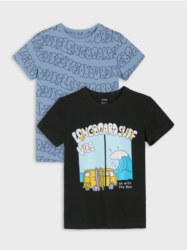 Sinsay - Tricouri din bumbac cu motiv de vacanță 2 pack - negru-antracit