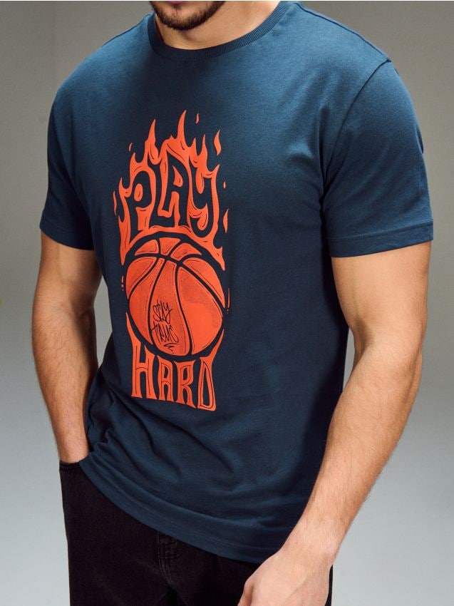 Sinsay - Tricou oversize din bumbac cu imprimeu - bleumarin