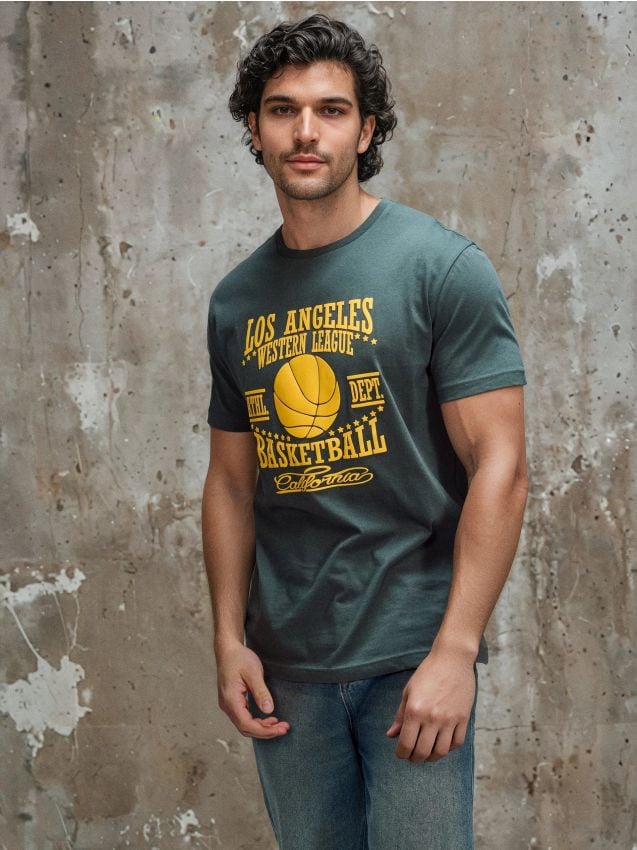 Sinsay - Tricou oversize din bumbac cu imprimeu - albastru-verzui