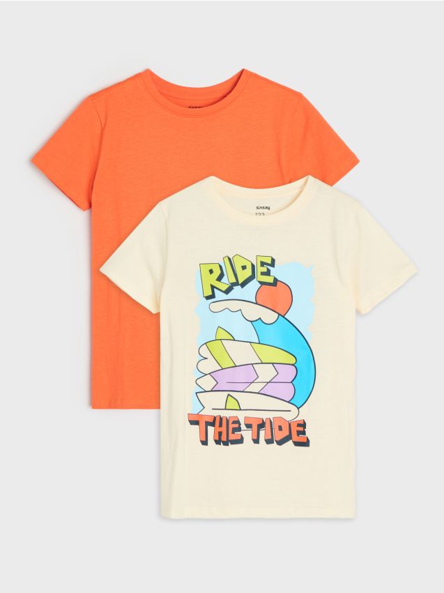 Sinsay - Tricouri din bumbac cu imprimeu surf 2 pack - crem