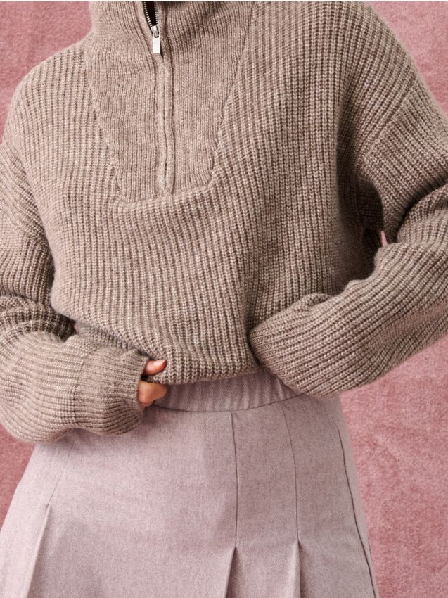 Sinsay - Half-zip sveter s prímesou vlny - kávová