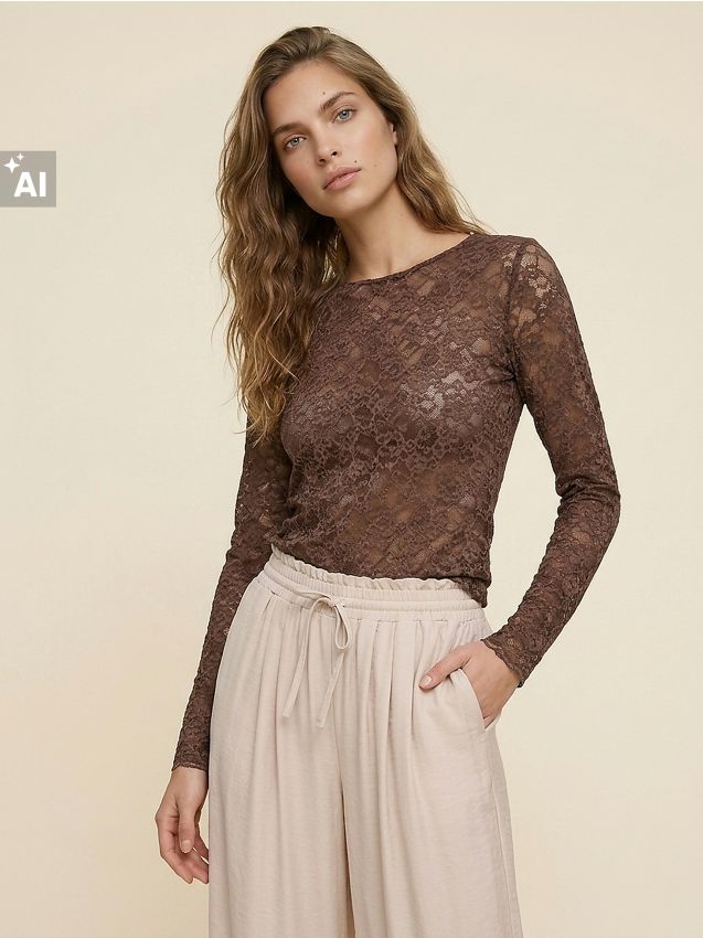 Sinsay - Bluză din dantelă cu model floral - maro-închis