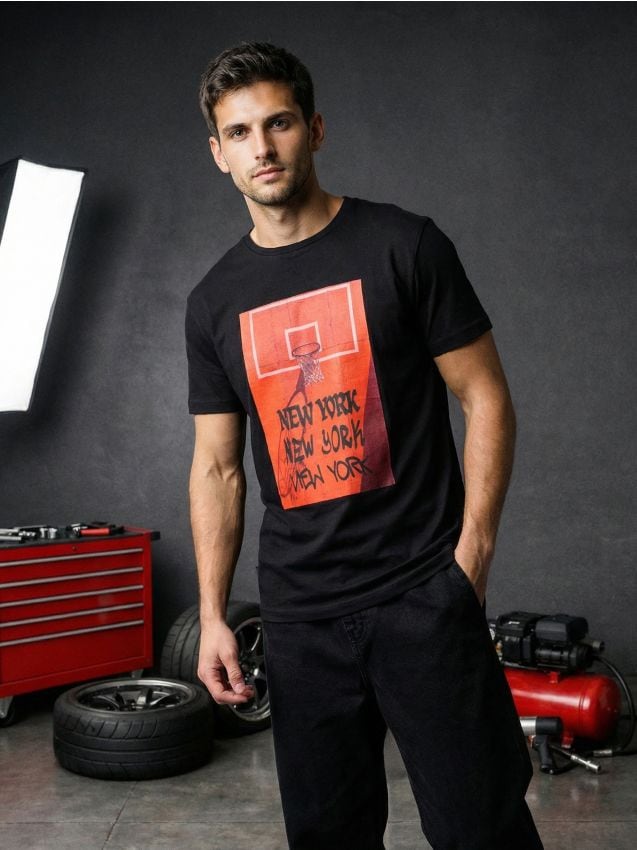 Sinsay - Tricou oversize din bumbac cu imprimeu - negru