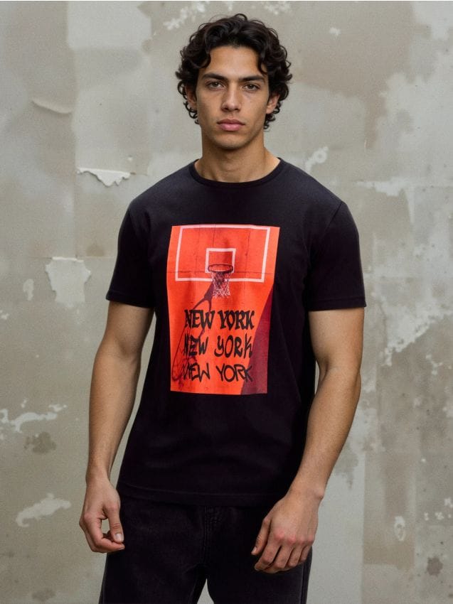 Sinsay - Tricou oversize din bumbac cu imprimeu - negru