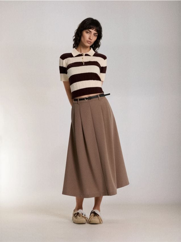 Sinsay - Fustă midi evazată cu curea - cafeniu