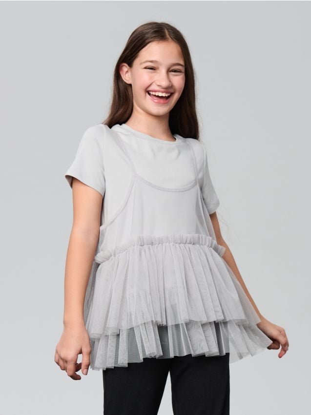 Sinsay - Tricou cu două straturi din tull - gri deschis