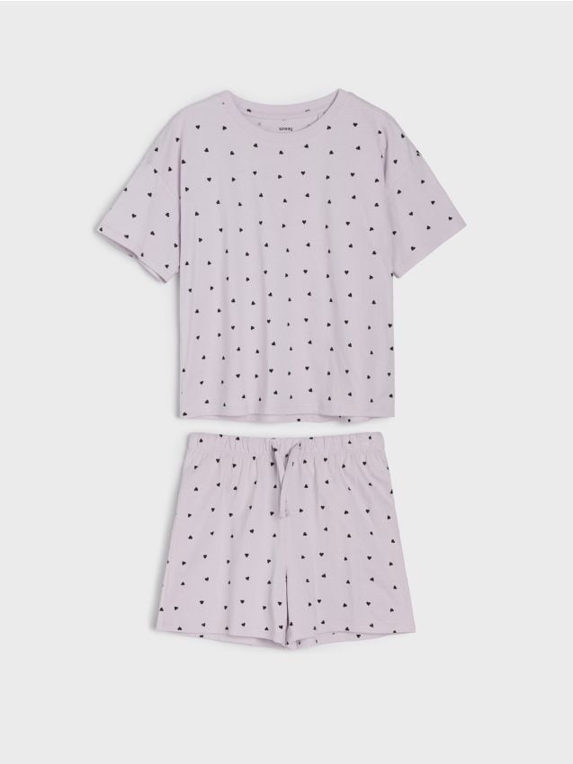 Sinsay - Pijama din bumbac din două piese cu inimioare - lavand