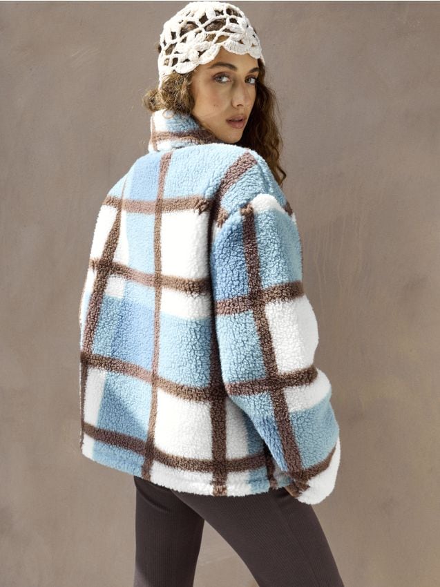 Sinsay - Bluză sherpa cu guler tip stănd și model în carouri - multicolor