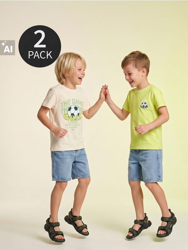 Sinsay - Tricouri din bumbac cu motiv de fotbal 2 pack - crem