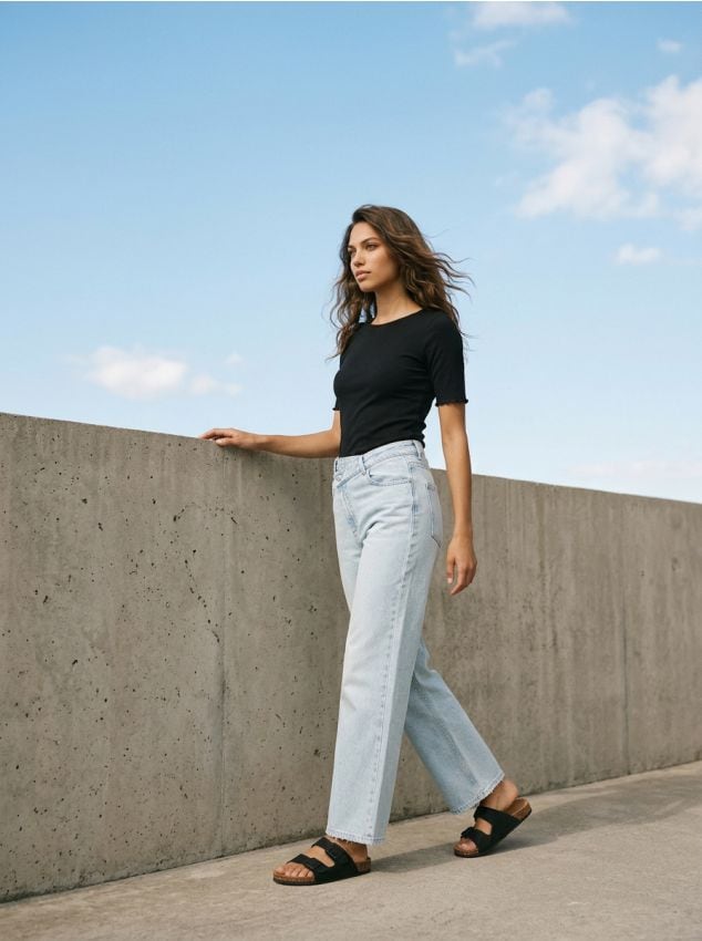 Sinsay - Pamut póló díszes fodrokkal - negru