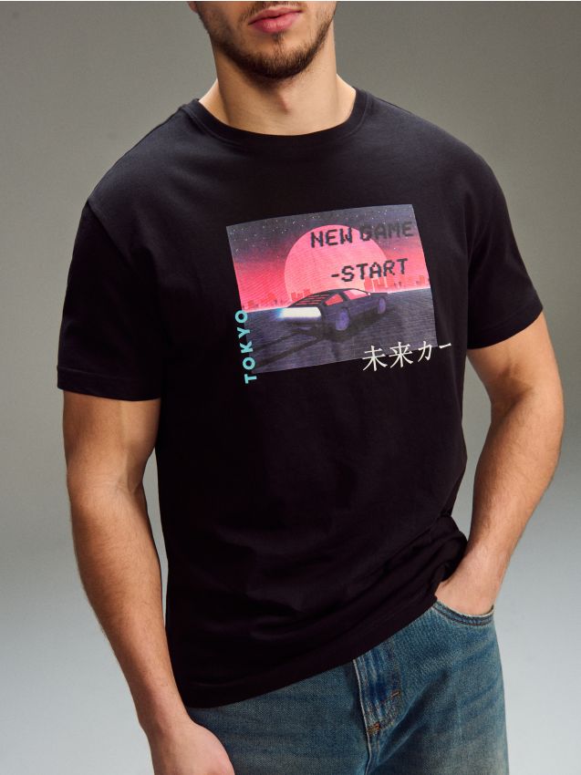 Sinsay - Tricou oversize din bumbac cu imprimeu - negru