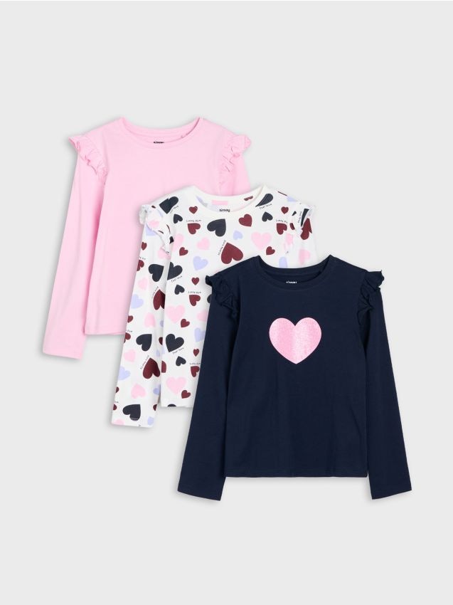 Sinsay - Tricouri din bumbac cu mânecă lungă cu motiv de inimi 3 pack - multicolor