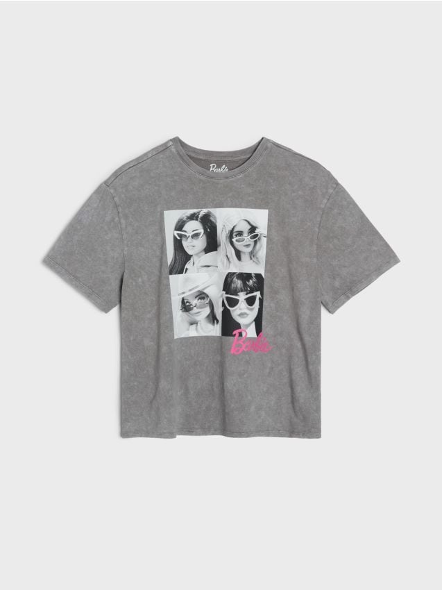 Sinsay - Tricou din bumbac cu efect de prespălare Barbie - gri-închis