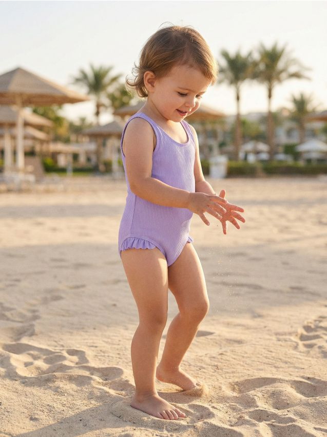 Sinsay - Costum de baie din material ribat cu volănașe - violet