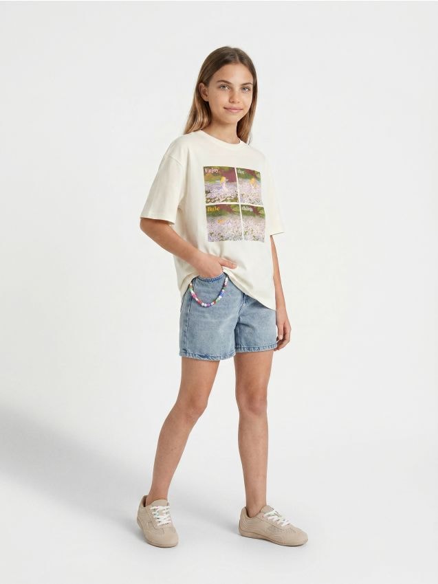 Sinsay - Tricou din bumbac cu imprimeu Alice in Wonderland - crem