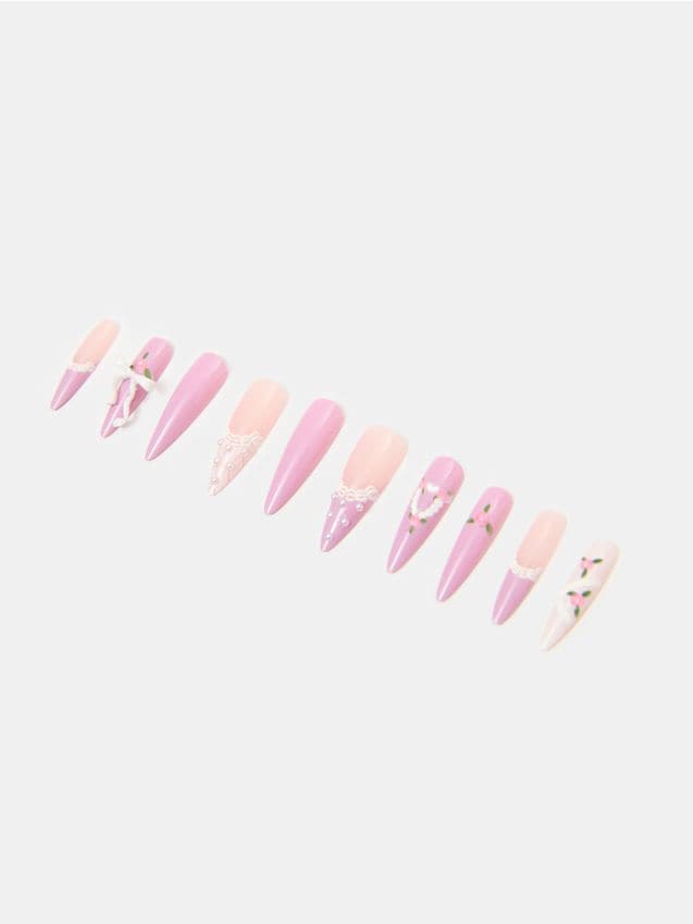 Sinsay - Unghii artificiale cu motiv floral 24 pack - roz-pastel