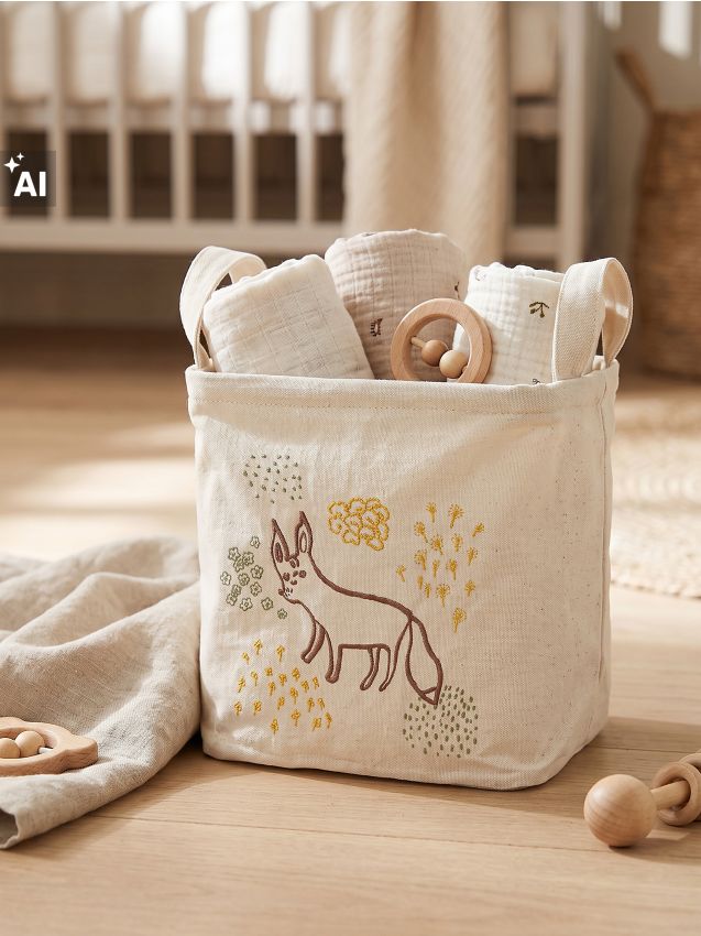 Sinsay - Coș textil de depozitare cu vulpe brodată - crem