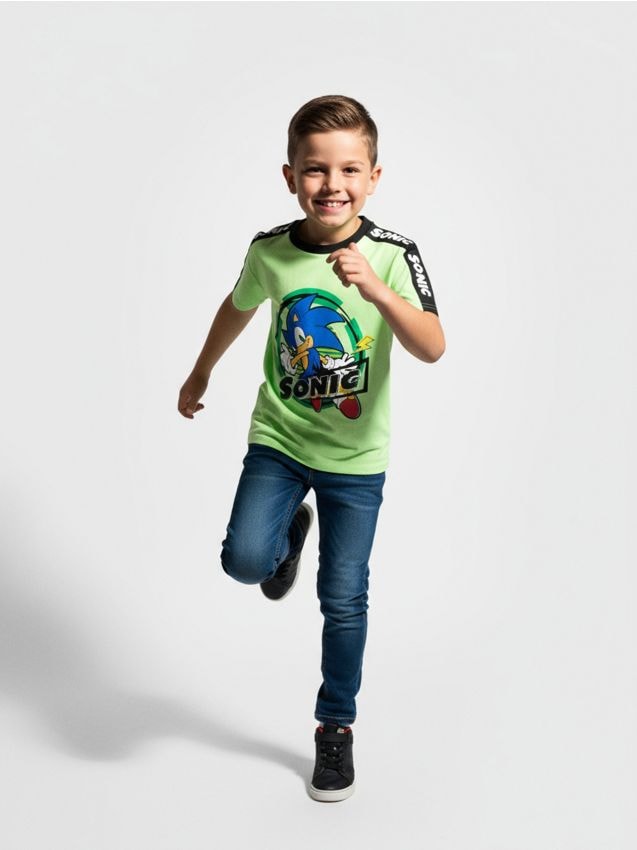 Sinsay - Tricou cu bandă decorativă pe mâneci Sonic the Hedgehog - verde-mentă