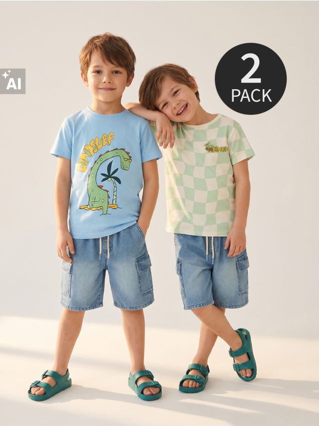 Sinsay - Tricouri din bumbac cu imprimeu cu dinozauri 2 pack - Gri-albăstrui