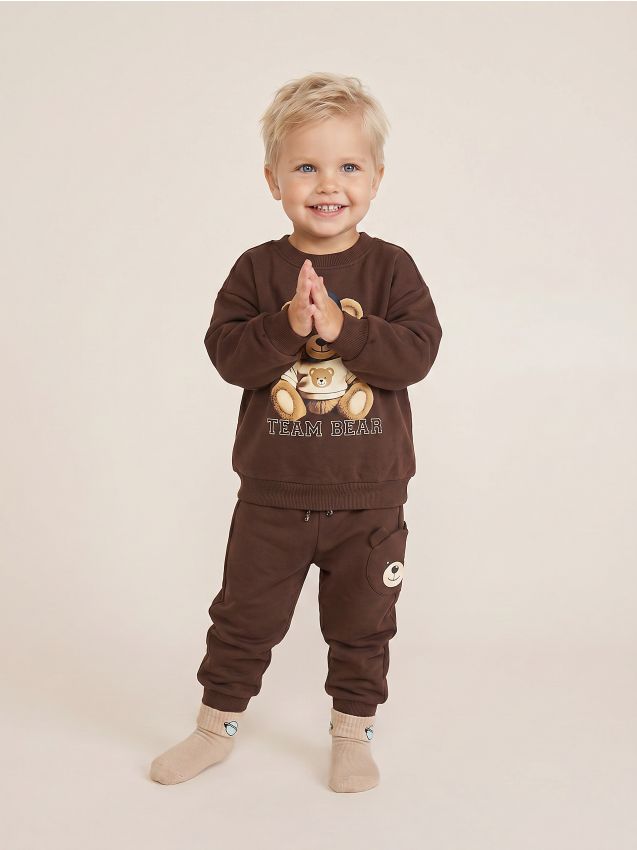 Sinsay - Pantaloni sport jogger din bumbac cu motiv ursuleț - maro