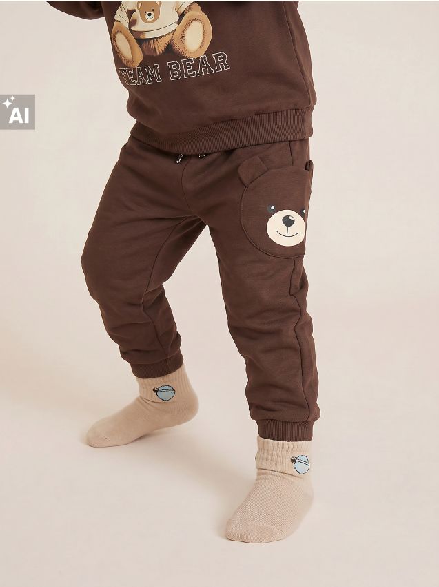 Sinsay - Pantaloni sport jogger din bumbac cu motiv ursuleț - maro