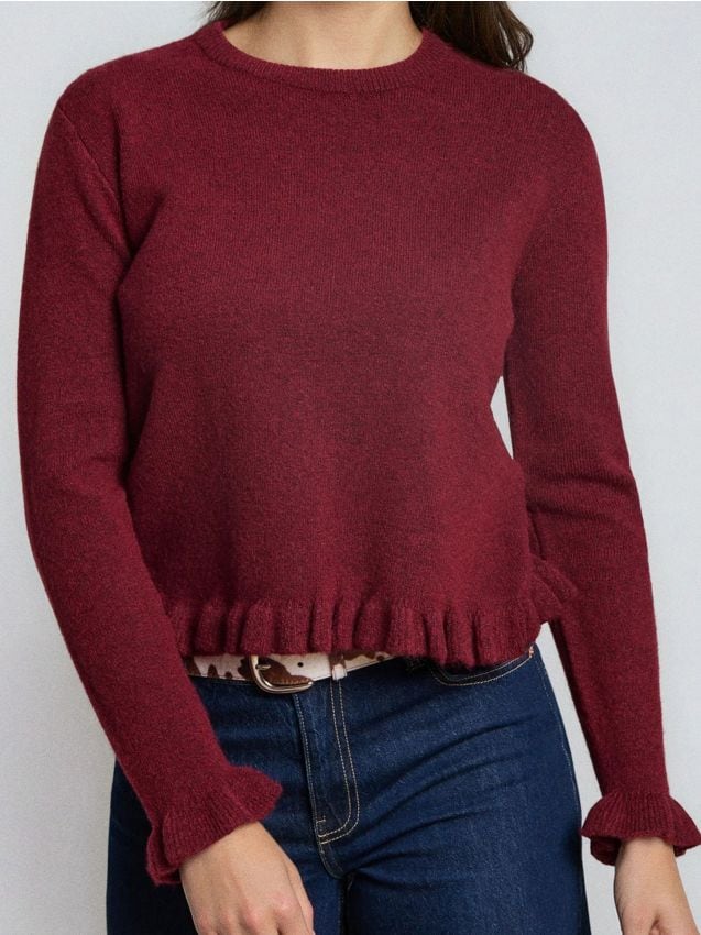 Sinsay - Pulover cu volane decorative, amestec de lână - bordo