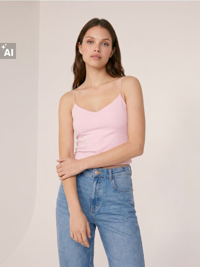 Sinsay - Top din bumbac cu bretele - roz-pastel