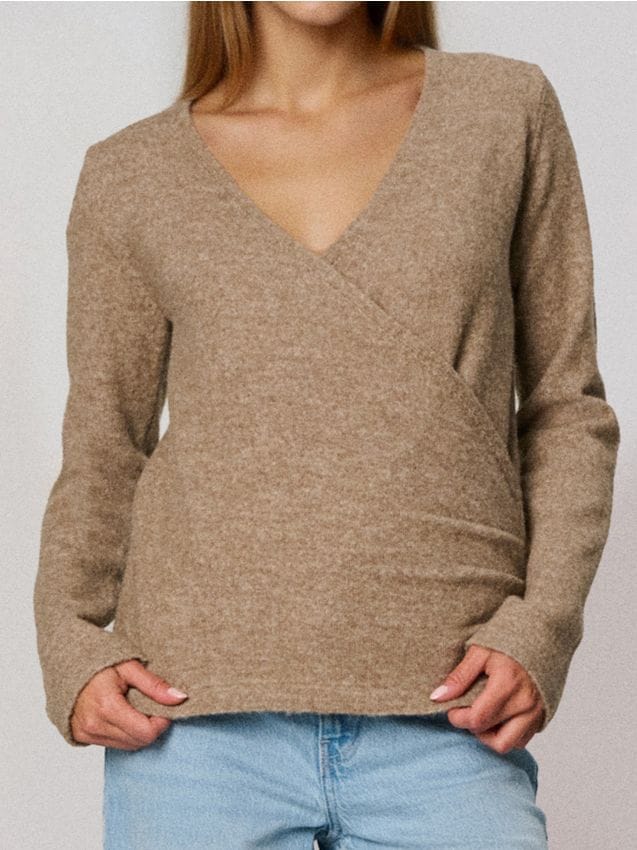 Sinsay - Sveter s prekladaným výstrihom s prímesou vlny - kávová