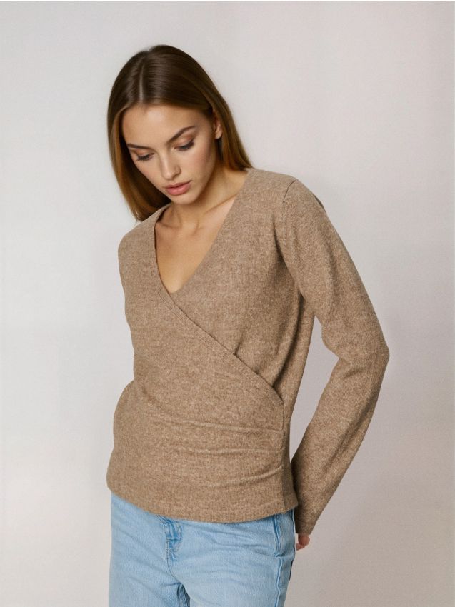 Sinsay - Sveter s prekladaným výstrihom s prímesou vlny - kávová