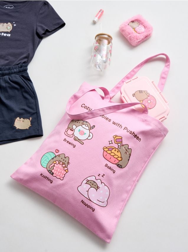 Sinsay - Geantă shopper din material textil cu imprimeu Pusheen the Cat - roz-pastel