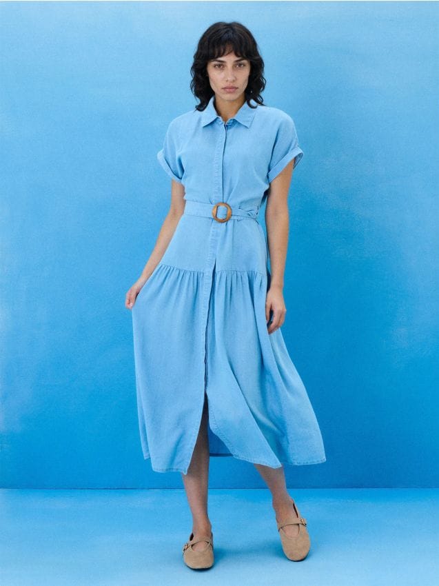 Sinsay - Rochie midi cu curea și guler din lyocell - light blue