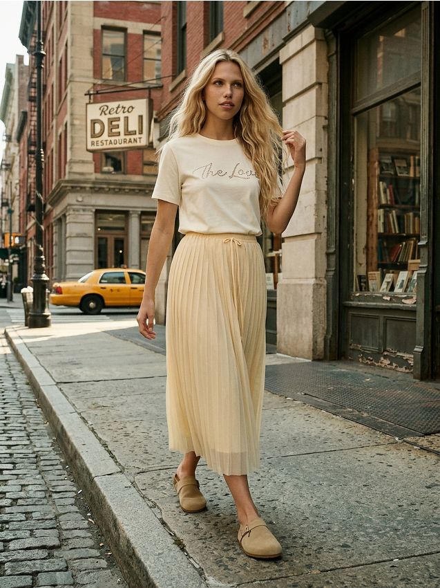 Sinsay - Fustă plisată midi cu legătura la talie - galben-deschis