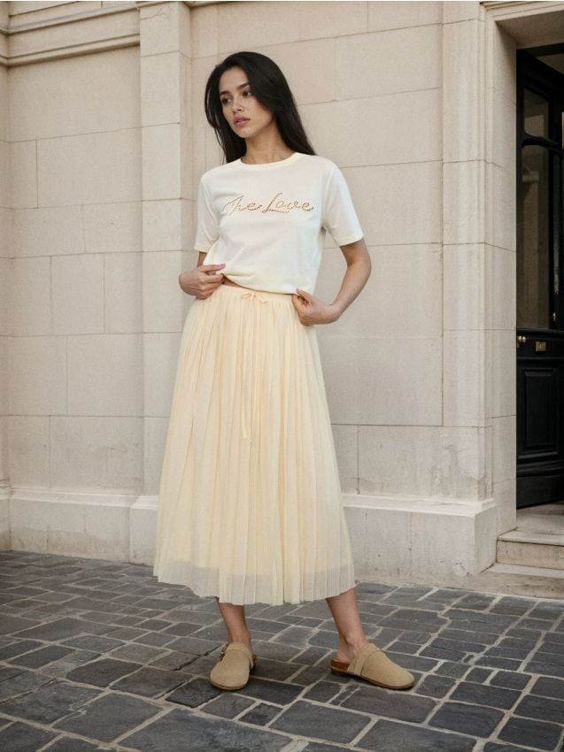 Sinsay - Fustă plisată midi cu legătura la talie - galben-deschis