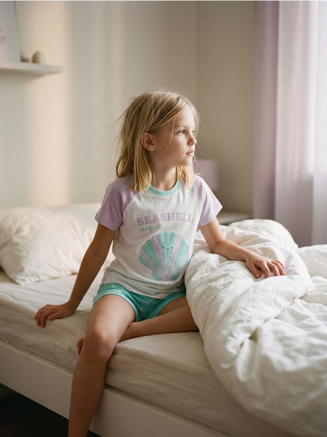 Sinsay - Pijamă din bumbac, două piese, cu mesaj Seashell - alb