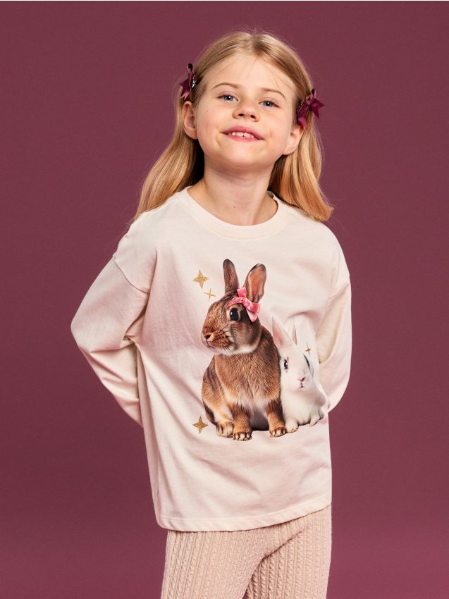 Sinsay - Tricou cu mânecă lungă și motiv cu iepuri - crem
