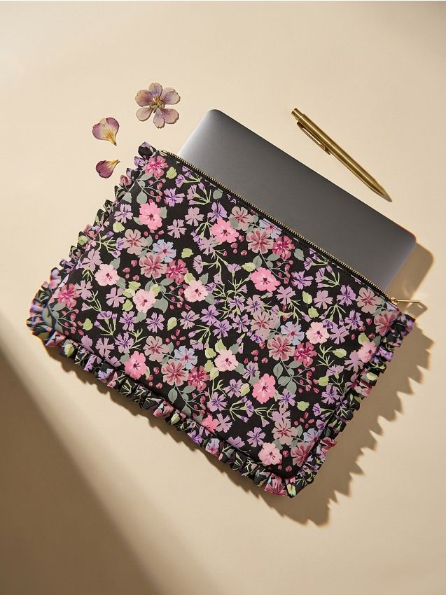 Borsa per laptop con volant e motivo floreale - multicolor