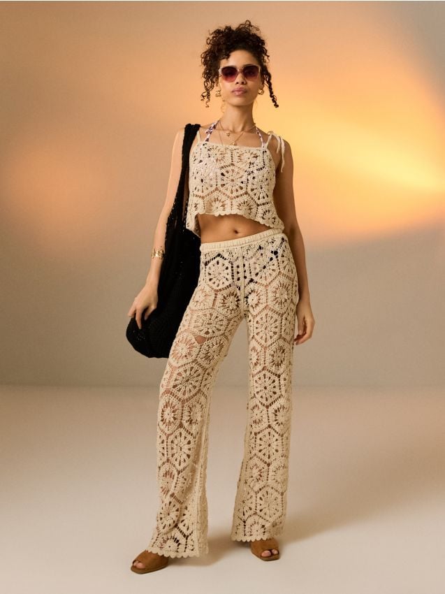 Sinsay - Pantaloni Flare Croșetați Transparenți - bej