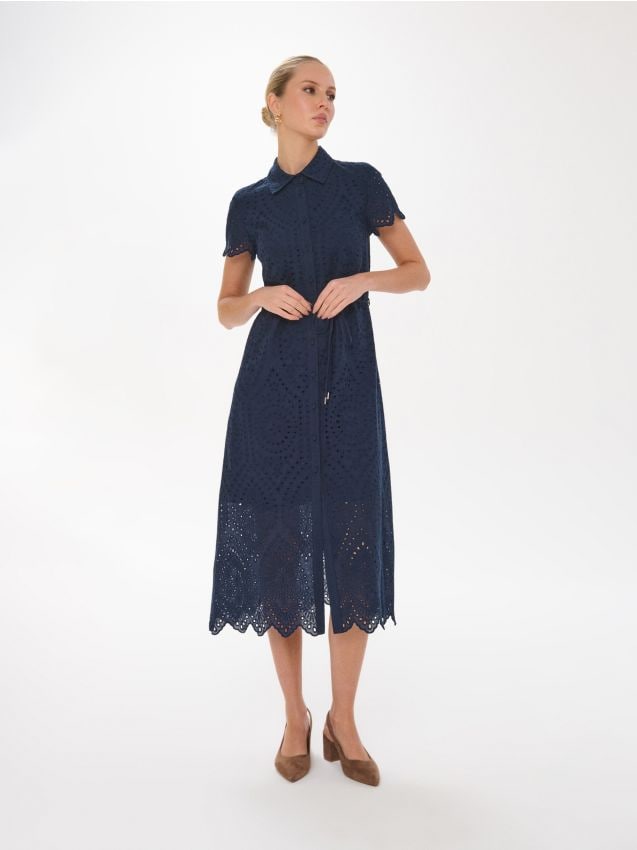 Sinsay - Rochie midi din bumbac cu guler și model ajurat - bleumarin