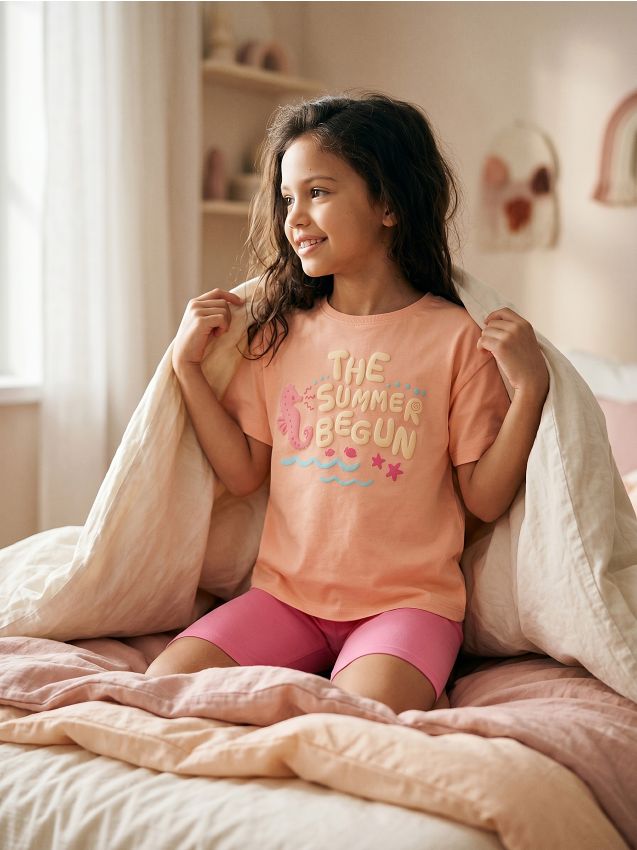 Sinsay - Pijama din bumbac din două piese cu imprimeu de vacanță - roz-piersică