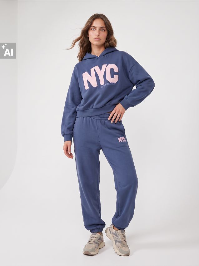 Sinsay - Hanorac tip hoodie cu inscripție NYC - bleumarin