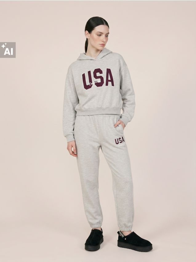 Sinsay - Hanorac tip hoodie cu inscripție USA - gri deschis