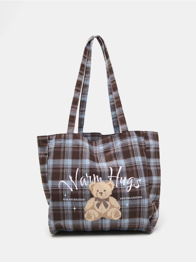 Sinsay - Geantă shopper din flanel în carouri cu imprimeu de ursuleț - multicolor