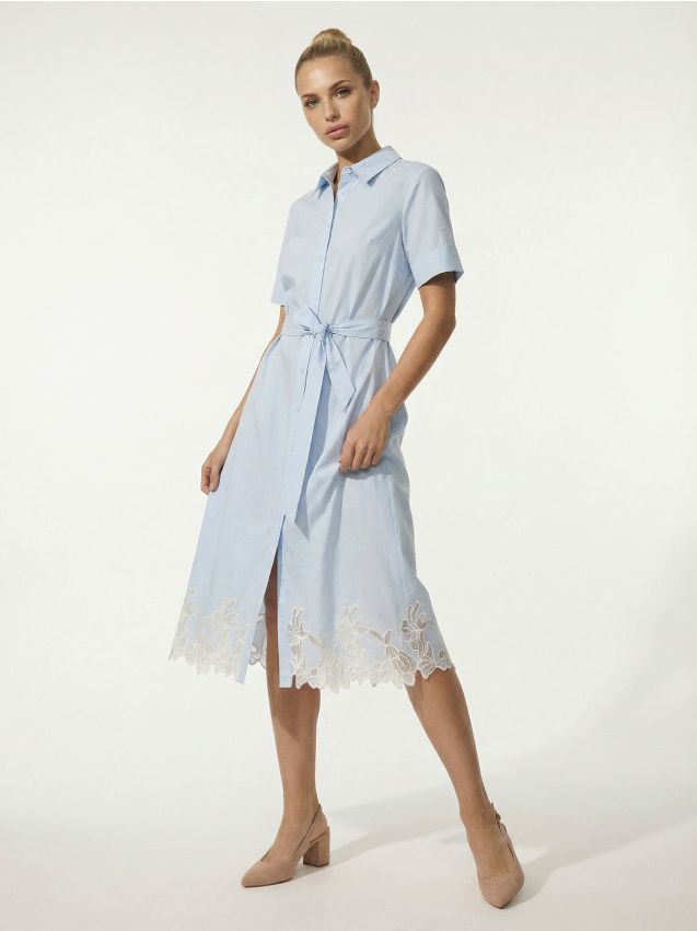 Sinsay - Rochie tip cămașă midi cu mânecă scurtă și detaliu ajurat - albastru-pal