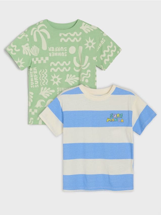 Sinsay - Tricouri din bumbac cu imprimeu de vacanță 2 pack - crem